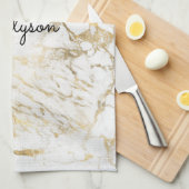 白と金ゴールド大理石、黒のスクリプト名またはモノグラム キッチンタオル (四つ折り)