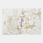 白と金ゴールド大理石、黒のスクリプト名またはモノグラム キッチンタオル (横)