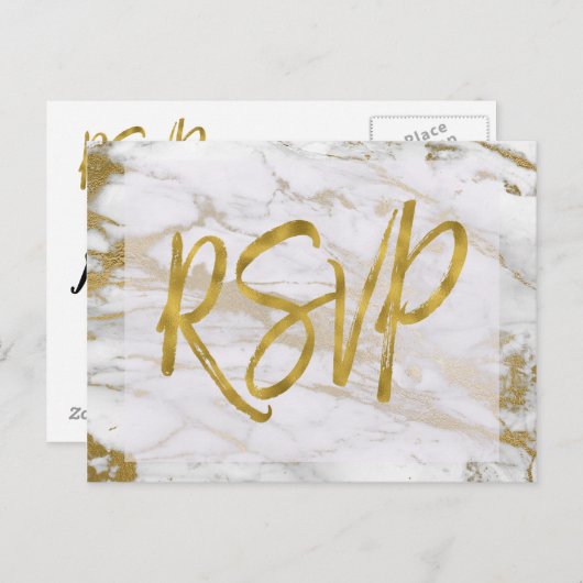 白と金ゴールド大理石RSVP結婚式招待状返信 インビテーションポストカード (正面/裏面)