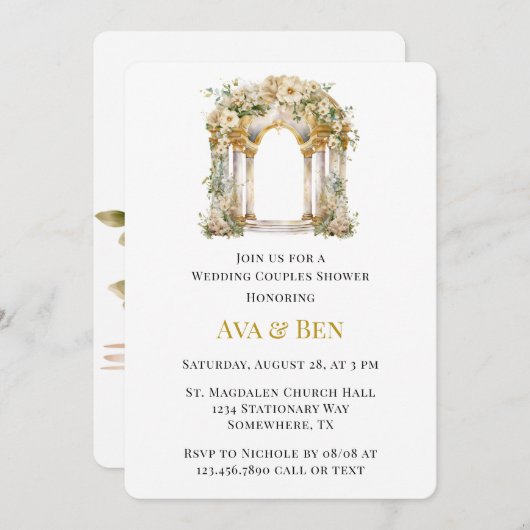 白と金ゴールド教会結婚のカップルのシャワー 招待状 (正面/裏面)
