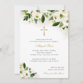 白と金ゴールド水色フローラ宗教十字架 招待状 (正面)