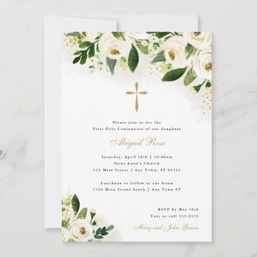 白と金ゴールド水色フローラ宗教十字架 招待状 (正面)