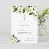 白と金ゴールド水色フローラ宗教十字架 招待状 (スタンド正面)