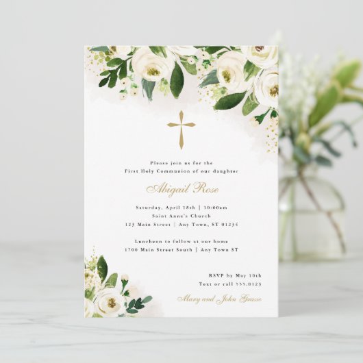 白と金ゴールド水色フローラ宗教十字架 招待状 (スタンド正面)