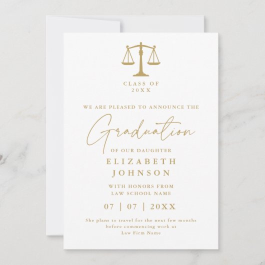 白と金ゴールド法の卒業写真の発表 招待状 (正面)