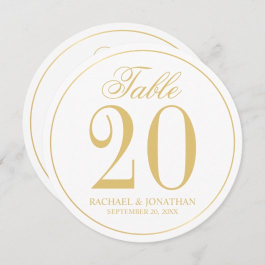 白と金ゴールド結婚の円表番号カード 招待状 (正面/裏面)