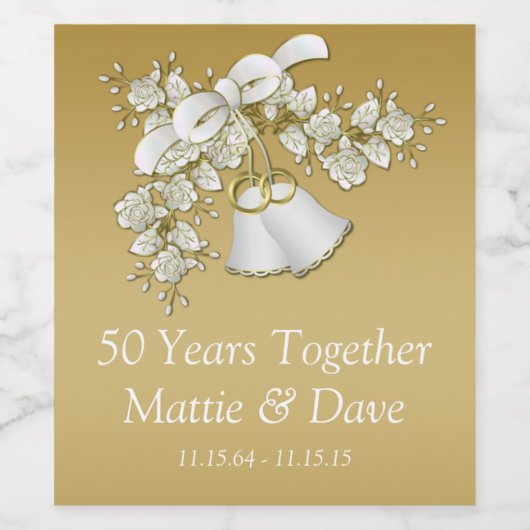 白と金ゴールド結婚の鐘50周年記念 ワインラベル (シングルラベル)