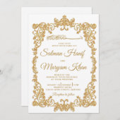 白と金ゴールド縁どのイスラーム結婚式招待状 招待状 (正面/裏面)