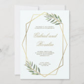 白と金ゴールド縁どの幾何フローラ結婚の 招待状 (正面)