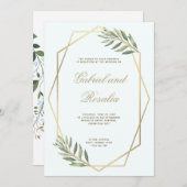 白と金ゴールド縁どの幾何フローラ結婚の 招待状 (正面/裏面)