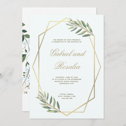白と金ゴールド縁どの幾何フローラ結婚の 招待状