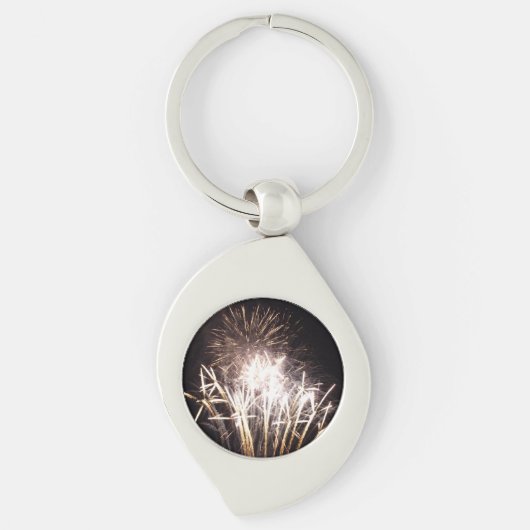 白と金ゴールド花火I愛国的お祝い キーホルダー (正面)