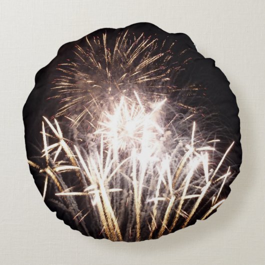 白と金ゴールド花火I愛国的お祝い ラウンドクッション (裏面)