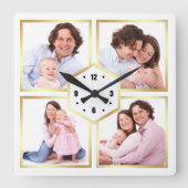 白と金ゴールド4写真ファミリーフォトコラージュ スクエア壁時計 (正面)