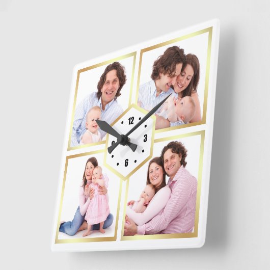 白と金ゴールド4写真ファミリーフォトコラージュ スクエア壁時計 (傾斜)