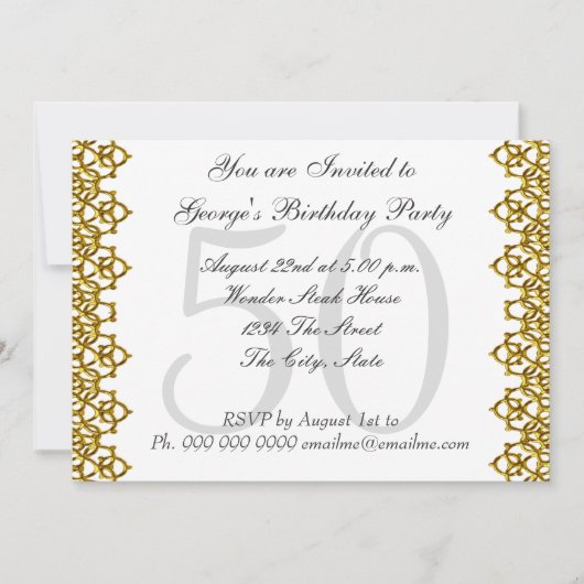 白と金ゴールド50th誕生日パーティホワイト 招待状 (正面)