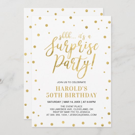 白と金ゴールド |アダルト50thサプライズ誕生日パーティー 招待状 (正面/裏面)