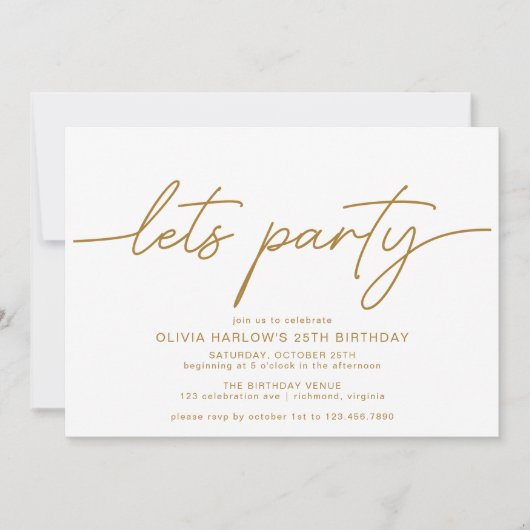 白と金ゴールド |エレガント Any Ageモダン誕生日 招待状 (正面)