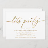 白と金ゴールド |エレガント Any Ageモダン誕生日 招待状 (正面/裏面)