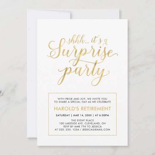 白と金ゴールド |サプライズモダンリタイアパーティー 招待状 (正面)