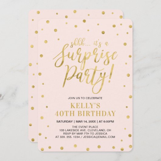 白と金ゴールド |女性40thサプライズ誕生日パーティー 招待状 (正面/裏面)