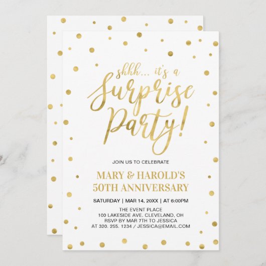 白と金ゴールド | 50thサプライズ結婚の記念日 招待状 (正面/裏面)