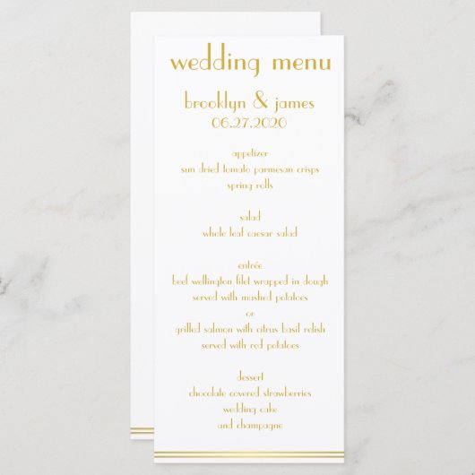 白と金色の素晴らしギャツビー結婚のメニューカード メニュー (正面/裏面)