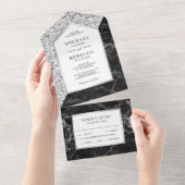 白と銀のグリッターブラックマーブル結婚ズ オールインワン招待状 (貼ってはがせる)