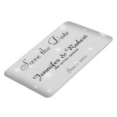 白と銀のスノーフレークの結婚式の日付を保存 マグネット (左側)