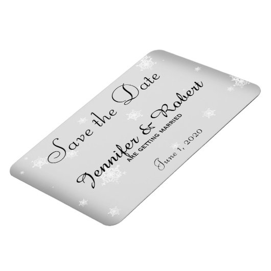 白と銀のスノーフレークの結婚式の日付を保存 マグネット (左側)