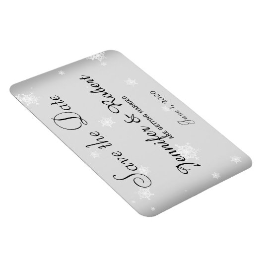 白と銀のスノーフレークの結婚式の日付を保存 マグネット (右側)