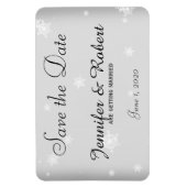 白と銀のスノーフレークの結婚式の日付を保存 マグネット (縦)