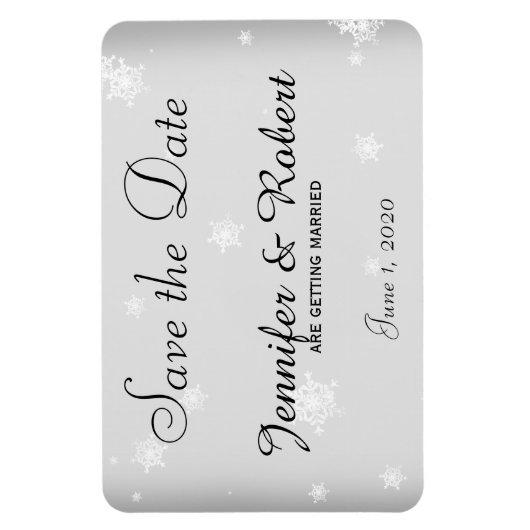 白と銀のスノーフレークの結婚式の日付を保存 マグネット (縦)
