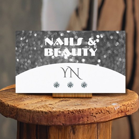 白と銀のスパークルグリッターダイヤモンドモノグラム 名刺