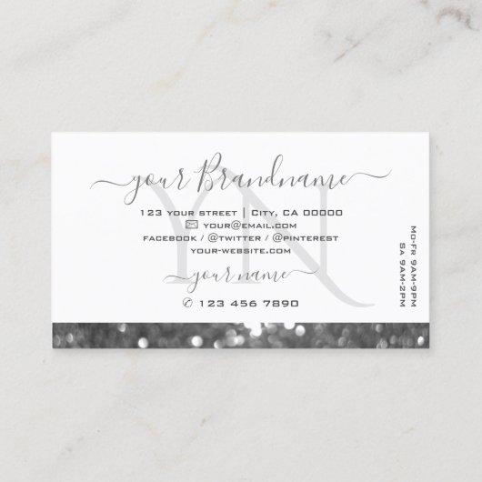 白と銀のスパークルグリッターダイヤモンドモノグラム 名刺 (裏面)