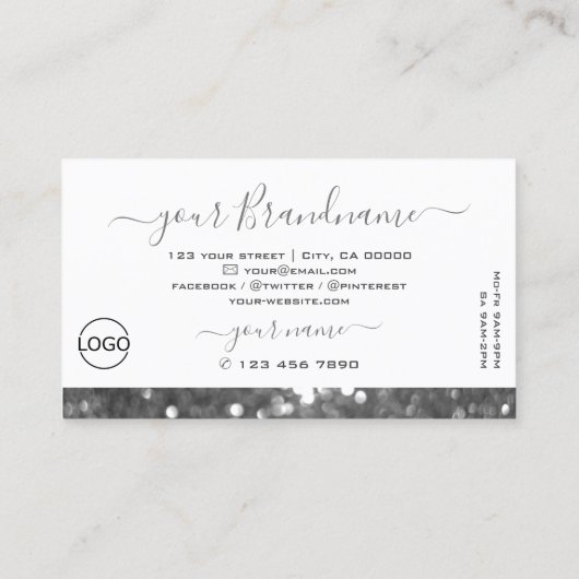 白と銀のスパークルグリッターダイヤモンド追加ロゴ 名刺 (裏面)