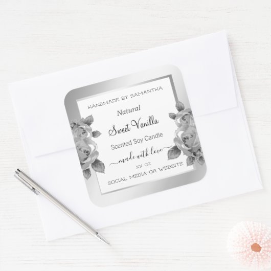 白と銀のフローラ製品の包装ラベル スクエアシール (封筒)