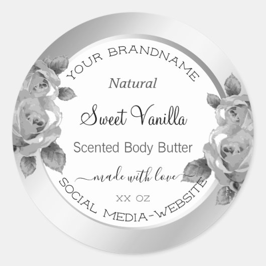 白と銀のフローラ製品の包装ラベル ラウンドシール (正面)