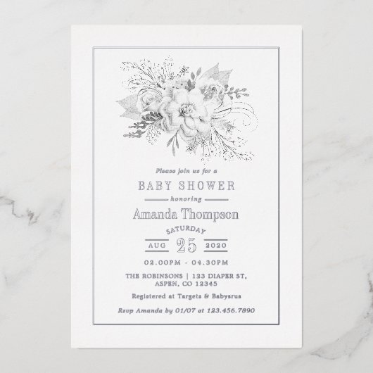 白と銀のヴィンテージバラベビーシャワー 箔招待状 (正面)
