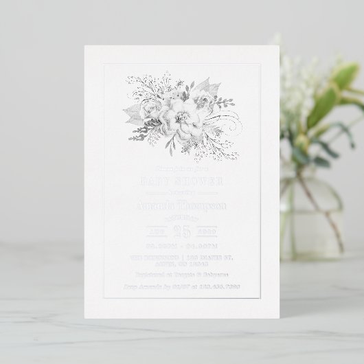 白と銀のヴィンテージバラベビーシャワー 箔招待状 (立ち正面)