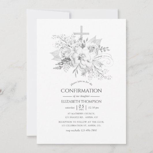 白と銀のヴィンテージフローラ確認 招待状 (正面)