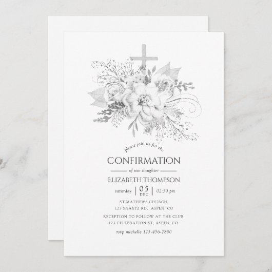 白と銀のヴィンテージフローラ確認 招待状 (正面/裏面)