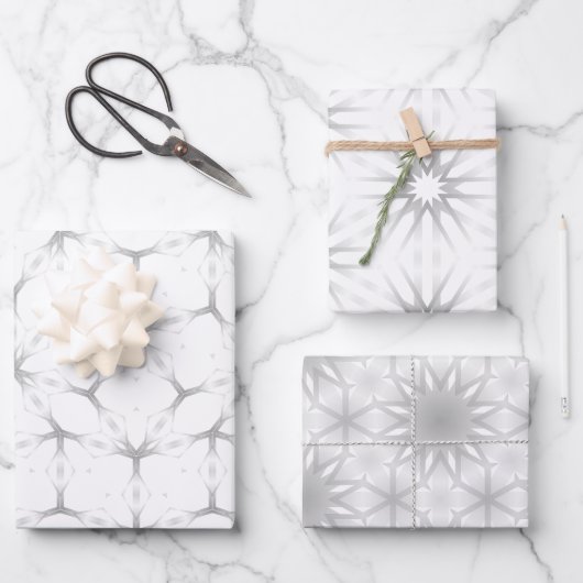 白と銀の幾何学模様 ラッピングペーパーシート (正面)