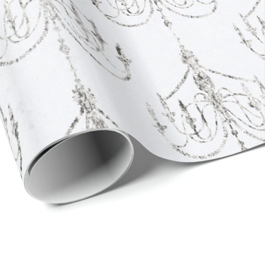 白と銀の箔のダマスク ラッピングペーパー (ロールコーナー)