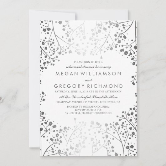 白と銀の赤ちゃんの息のリハーサルディナー 招待状 (正面)