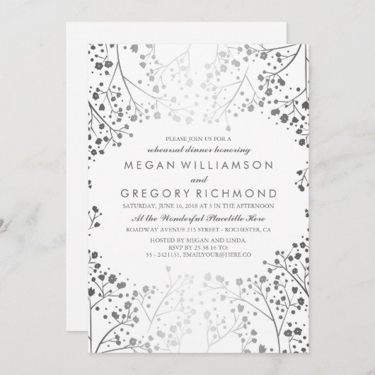 白と銀の赤ちゃんの息のリハーサルディナー 招待状 (正面/裏面)