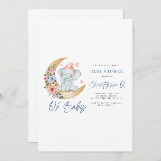 白と青かわいい赤ちゃんシャワーカード 招待状 (正面/裏面)