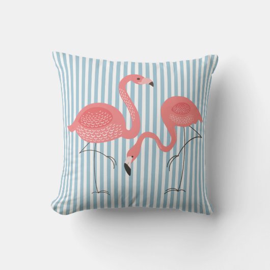 白と青のが入ったかわいいピンクのフラミンゴストライプ クッション (正面)