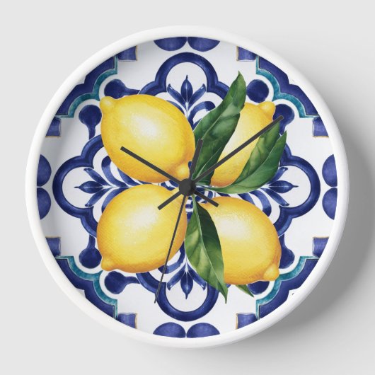 白と青のアマルフィタイルレモンイタリア 壁時計 (正面)
