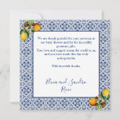 白と青のアマルフィレモンItaly赤ちゃんシャワー サンキューカード (裏面)